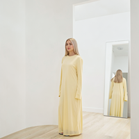 Lignes 2026 OEM Abaya Kaftan Jaune, Robe Abaya Modeste à Col Rond pour Femmes Musulmanes avec Poches, Tenue Quotidienne Décontractée pour l'Aïd