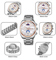 Montre-bracelet élégante pour homme à quartz, boîtier en alliage, bracelet en acier inoxydable, étanche 3 ATM, cadran à phases lunaires, 44 mm