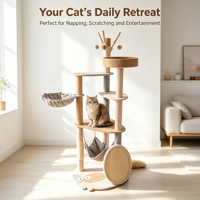 Arbre à chat d'intérieur moderne et personnalisé à plusieurs niveaux avec griffoir en sisal, tour d'escalade pour chat avec hamac et niche