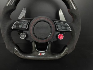 พวงมาลัยคาร์บอนไฟเบอร์หุ้มอัลคันทาร่าพร้อมแป้นเปลี่ยนเกียร์สำหรับ <span class=keywords><strong>Audi</strong></span> A3 A4 A5 <span class=keywords><strong>A6</strong></span> Q3 Q5 Q7 TT, พวงมาลัยแบบกำหนดเองลายแถบสีแดง - Product Image 4