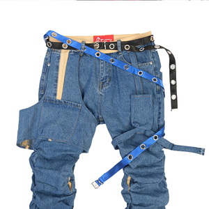 DiZNEW özel Denim mavi kot erkek şık pantolon Hip Hop pantolon kıvrımlar yığılmış pantolon - Product Image 4