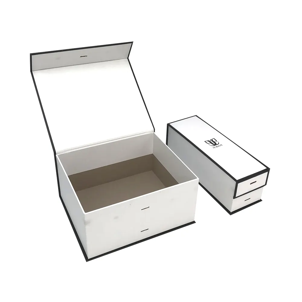 HOT Luxo Magnetic Gift Box Embalagem Fita Dobrável Logotipo Personalizado Placa Cinza Papel Rígido Preto Branco Impressão para Vestuário