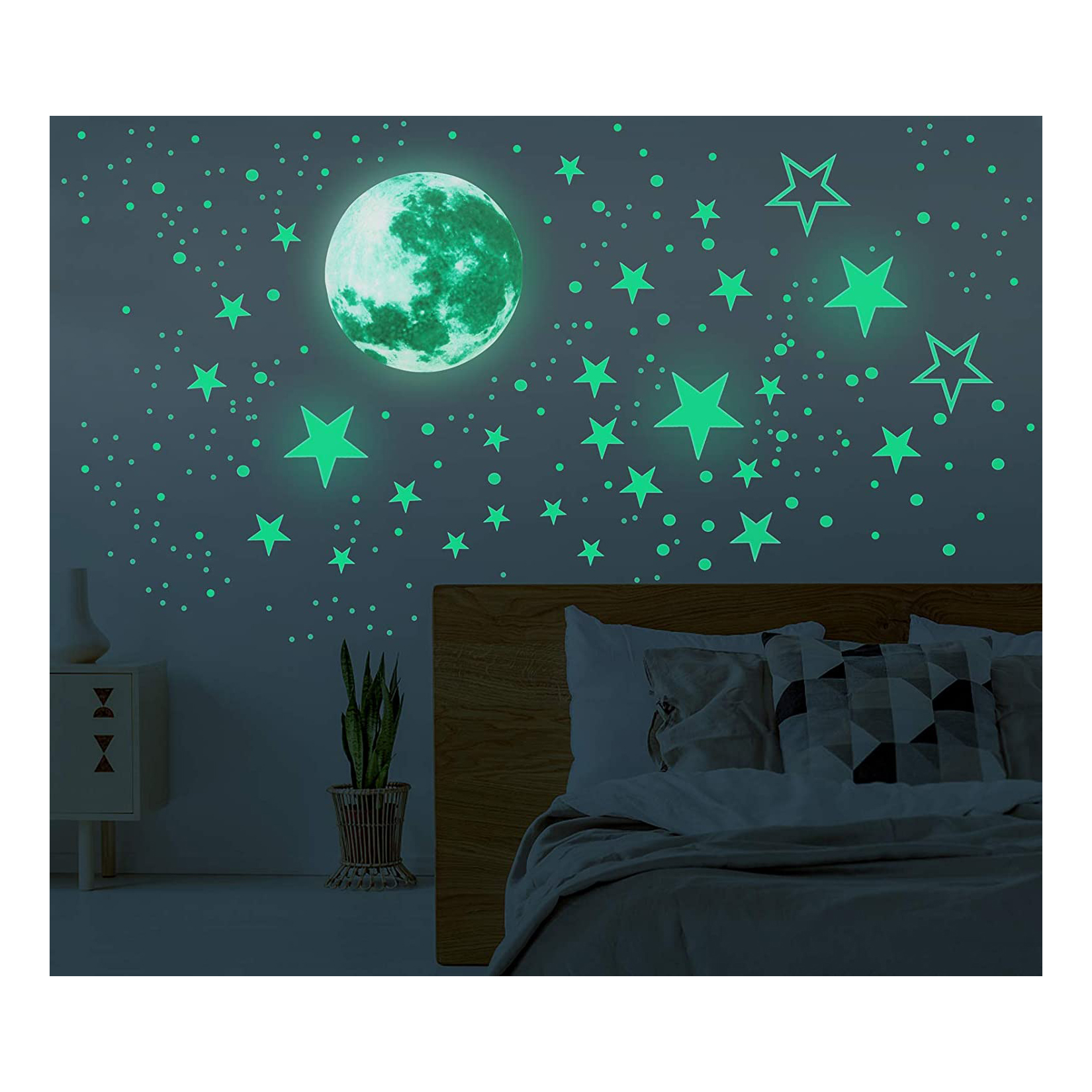 Pegatinas de pared personalizadas que brillan en la Luna oscura y las estrellas, decoración para habitación, pegatinas artísticas de techo para dormitorio de niños