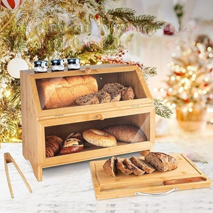 Boîte à pain double couche en bambou 15,4x12,6x9,8 pouces, anti-poussière et anti-humidité, avec planche à découper et pinces - Product Image 3