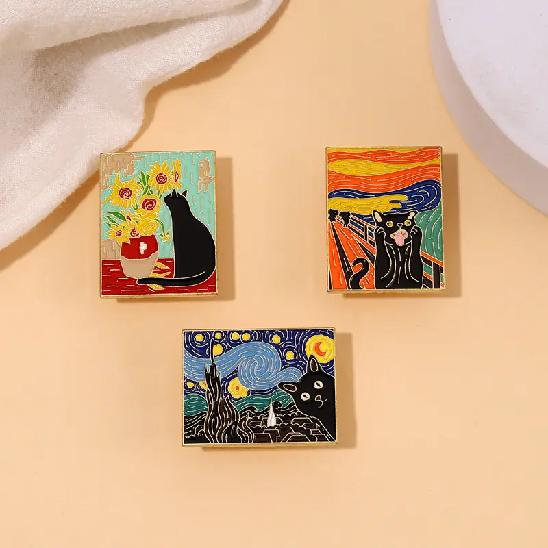 Creativo pittura a olio arte figura Van Gogh smalto Pin carino gatto nero cielo stellato spilla zaino distintivo spilla