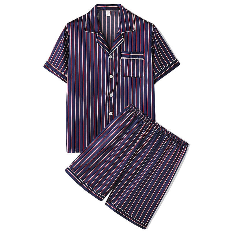 Mens Striped Smooth Revere Collar Pocket Button Up Home Faux Silk Pajama Set Sleep Helping Men's Sleepwear Sleep &amp; Lounge 