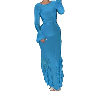 เดรสยาวผู้หญิงคุณภาพสูงแบบขายส่ง รับผลิตตามแบบ OEM ODM คอกลม แขนยาว ปลายแขนระบายชายกระโปรง - Product Image 5