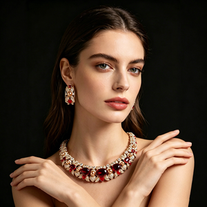 Brass Gold Plated Red Cubic Zirconia Imitation Pearl <b>Statement</b> <b>Necklace</b> Earrings Set for Women Engagement Wedding Gift - Product Image 3
