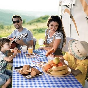 Blue Checkered Outdoor Picnic <b>Table</b> and Bench <b>Cover</b> Set Fitted Waterproof Polyester Tablecloth - Product Image 3