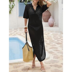 Womens Crochet Swimsuit Coverup Summer Hollow Out Short Sleeve V Neck Maxi Dress Beach Vacation Loose Knitted Breathable - Product Image 5