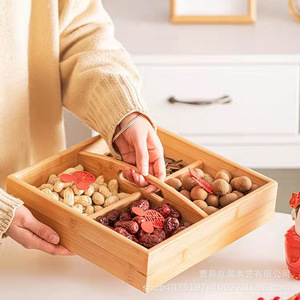 Four Compartment <b>Bamboo</b> Snack Tray Natural Wood Color Rectangle Standing Type Food <b>Container</b> Fruit Platter - Product Image 4