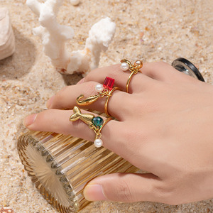 Ocean Beach Bijoux Étanche Poisson Shell Conque Perle Cristal Charmes Dangle <span class=keywords><strong>Anneau</strong></span> En Acier Inoxydable Pas De Décoloration Déclaration <span class=keywords><strong>Anneau</strong></span> - Product Image 4