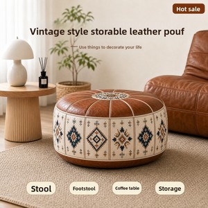 New Oval <strong>Vintage</strong>-Style Leather Storage Ottoman 2-in-1 Pouf Living Room Cozy Seat Lounging Everyday <strong>Items</strong> - Product Image 5