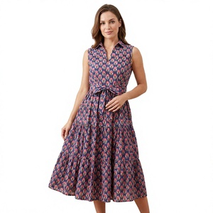Robe midi bohème florale en coton pour femme, style indien, sans manches, moulante, imprimé artisanal sur bois, collection été - Product Image 1