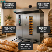 Nouveau four rotatif industriel à double chariot 64 plateaux 70 kW, machine de cuisson à convection commerciale pour le pain, grande ligne de production pour boulangerie industrielle