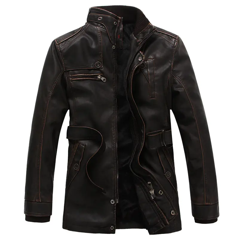 Trendy men's stand-up collar plus velvet thick PU leather jacket European and American men's leather jacket factory outlet