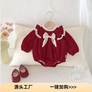 Hiver Nouveau Bébé Fille Casual Festive Red Baby Romper Long-sleeved Fat-wrap Fleece-lined Bow Button Closure New Year's Clothes - Product Image 2