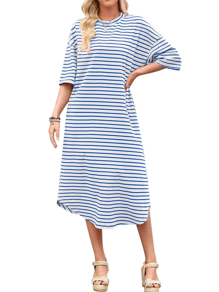 Hot Sale Western Midi Dress Oversized Long Tee Shirts Casual Loungwear  Summer Loose Striped Long Rayon T Shirt Dresses Women| Alibaba.com