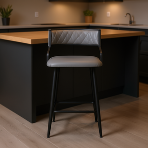 Taburete de Barra con Altura de Mostrador, Tapicería de PU Gris, Base de Metal con Recubrimiento de Polvo Negro, Diseño Moderno y Contemporáneo para Isla de Cocina - Product Image 2