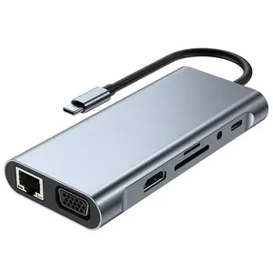 Concentrador de red USB multifunción 11 en 1, con USB 3,0, RJ45, VGA, Audio, SD, TF, PD, interfaz de carga, estación de acoplamiento multipuerto