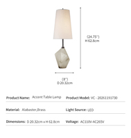 Lampe de table en albâtre géométrique, décoration de chambre d'hôtel de luxe, base en pierre facettée, tige en métal, luminaire en tissu, lampe de table d'accent LED