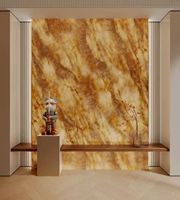Grande dalle translucide Morning Glow Diffusion avec veines orange-dorées, en céramique frittée, personnalisée pour mur d'entrée de salon et plateau de table