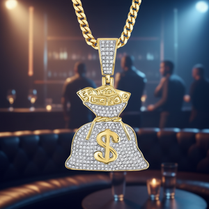 Lujoso estilo Hip Hop de alta calidad Totalmente helado Bolsa de dinero Colgante unisex con tachuelas de diamantes en oro amarillo de 10K - Product Image 3