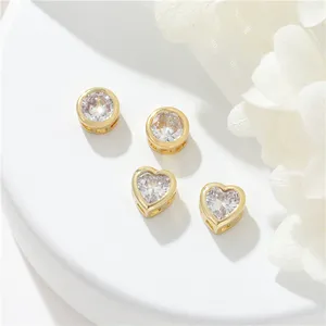 Jiexing Wholesale Clear Heart Round Cubic Zirconia 14K Gold Plated Bead Charms Making Jewelry