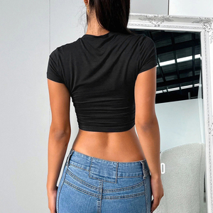 T-shirt court pour femme, style décontracté, coupe ajustée, avec strass et imprimé, manches courtes, mode été - Product Image 2