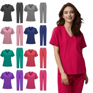 Women's V-Neck Scrub Set Rose Red Purple Pink Cyan Watermelon Red Navy Blue Gray Black Knitted Uniforms Hospital Wear - Product Image 1