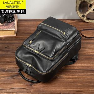 Laulalsten Genuine <b>Leather</b> <b>Backpack</b> <b>Large</b> Capacity Black Men Women Business Travel Casual <b>Backpack</b> - Product Image 2