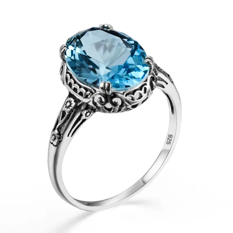 Gothic Retro Woman Aquamarine Ring 925 Sterling Silver Wedding Promise Mom Wife Christmas Gift Blue Gemstone Ring Fine Jewelry