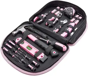 Kit d'outils à main rose pour femmes, ensemble d'instruments manuels, avec pochette ronde facile à transporter, parfait pour le bricolage et entretien à domicile, 103 pièces