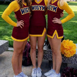 Uniformes de cheerleading personnalisés imprimés avec des perles et une bordure dorée pour adolescentes, robe sans manches, jupe de cheerleader, service OEM - Product Image 1