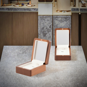 Luxury Walnut Wood <b>Ring</b> <b>Box</b> with Mirror Engagement <b>Ring</b> Storage Case - Product Image 3