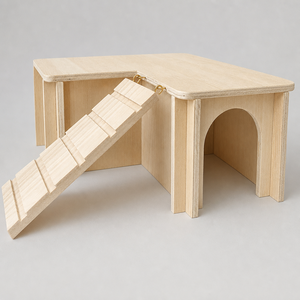 Casetta per Piccoli Animali a Forma di L in Legno con Rampa e Ingressi Arcuati per Porcellini d'India, Conigli, Criceti - Rifugio Multi-Stanza in Compensato Naturale - Product Image 5