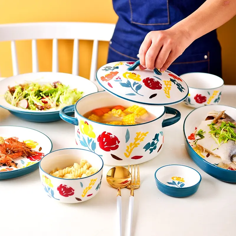 クリエイティブファッションブルーエッジモルナローズセラミック食器セットボウルプレートディッシュスプーンディッシュポット食器