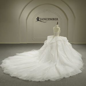 Robe de mariée bouffante pour femme, modèle GT26035, avec col bateau, volants, sequins, appliques en dentelle et cristaux, traîne chapelle - Product Image 3