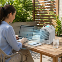 Ventilatore Portatile Elettrico da Tavolo con Velocità Regolabile, Mini Raffreddatore d'Aria con Serbatoio da 700ml, Umidificatore con Cubetti di Ghiaccio, Ventilatore DC per Casa e Hotel