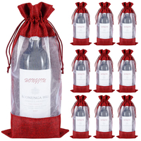 Sacs à vin personnalisés pour cadeaux de mariage et de festival avec fenêtre en organza transparent, pochette à cordon en toile de jute, sacs à bouteilles en toile de jute pour fête