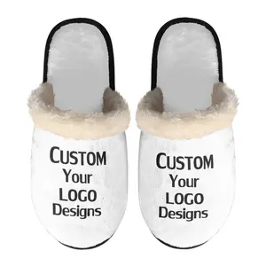 Aangepaste Logo Groothandel Polynesische Gedrukt Fleece Slipper Grote Size Dames Winter Indoor Platte Warm Huis Slippers Voor Winter