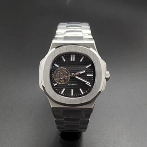 Montre automatique pour homme 41 mm, acier inoxydable argenté, cadran squelette noir, verre saphir, compatible avec le mouvement NH38, MOQ 1 - Product Image 1