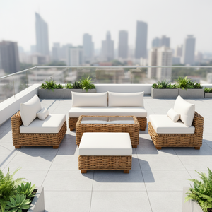 <b>Rattan</b> Coffee Table with Glass Top <b>Outdoor</b> Garden Furniture Tropical Style Waterproof PE Wicker Design - Product Image 1
