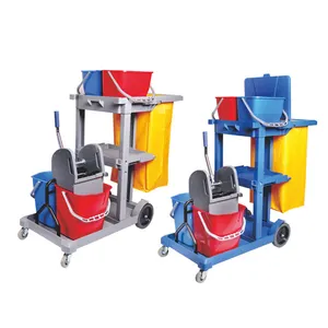 Janitorial 3-Shelf Cleaning Cart Trolley with PVC bag for housekeeping Blue/Gray 4 wheels 500 LBS Capacity for hotel office