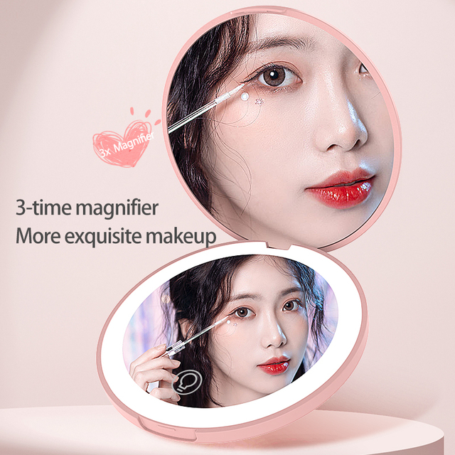 New Rechargeable LED Lighted Pocket Mirror Portable Custom Logo Handheld Makeup Mirror Mini Mirror with Light for Girls' Makeup