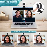 Webcam portable Full HD 1080P 2K 4K USB avec autofocus pour PC portable, diffusion en direct, microphone flexible avec lumière