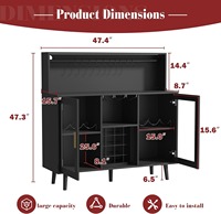 Meuble bar à vin en bois noir avec éclairage LED, étagères de rangement pour bouteilles et verres, idéal pour la maison - Vente en gros