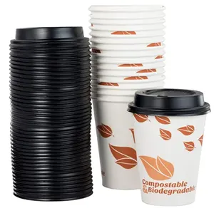 Vasos de café de papel biodegradables y compostables, 12 Oz, y tapas de cúpula reciclables. Paquete de 100 de Avant Grub. Tamaño mediano, con forro PLA