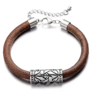 316l Stainless Steel Punk Style Barrel Bead Genuine Leather Adjustable Bracelet With Lobster Clasp