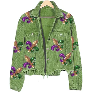 High Quality Long Sleeve Sequined Graphic Corduroy Green Bomber Jacket for Women